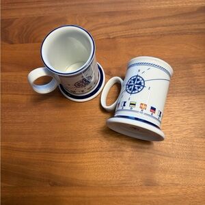 Set of 2 Porsgrund, Norway Nautical Blue and White Mugs. SeaDream Yacht Club.